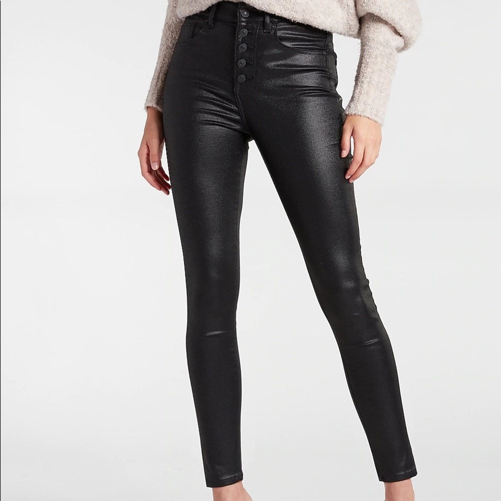 Express Curvy High Waisted Black Coated Button Fly Supersoft Skinny Jeans.